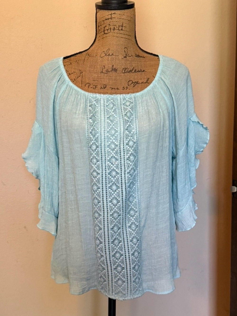 Zac & Rachel Light Blue Crochet-Front Peasant Blouse